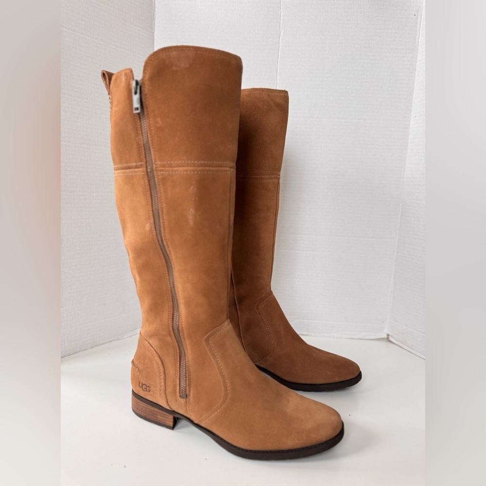 UGG SORENSEN CHESTNUT TALL EQUESTRIAN LEATHER SUEDE BOOTS WOMENS SIZE 9 - Picture 4 of 11